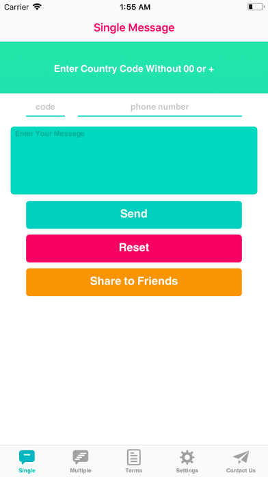 A quick-message app screen with a country code field, a phone number field, a message box and buttons to send or reset