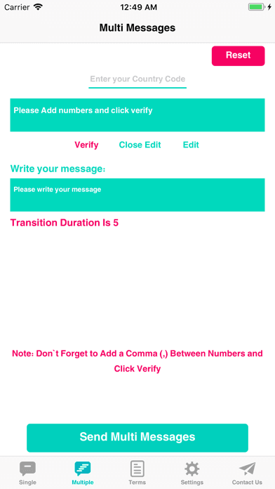 A multi-message screen taking a comma-separated list of numbers, a verify step and one shared message body