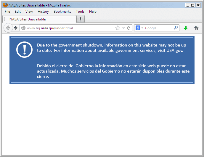 NASA shutdown notice in web browser